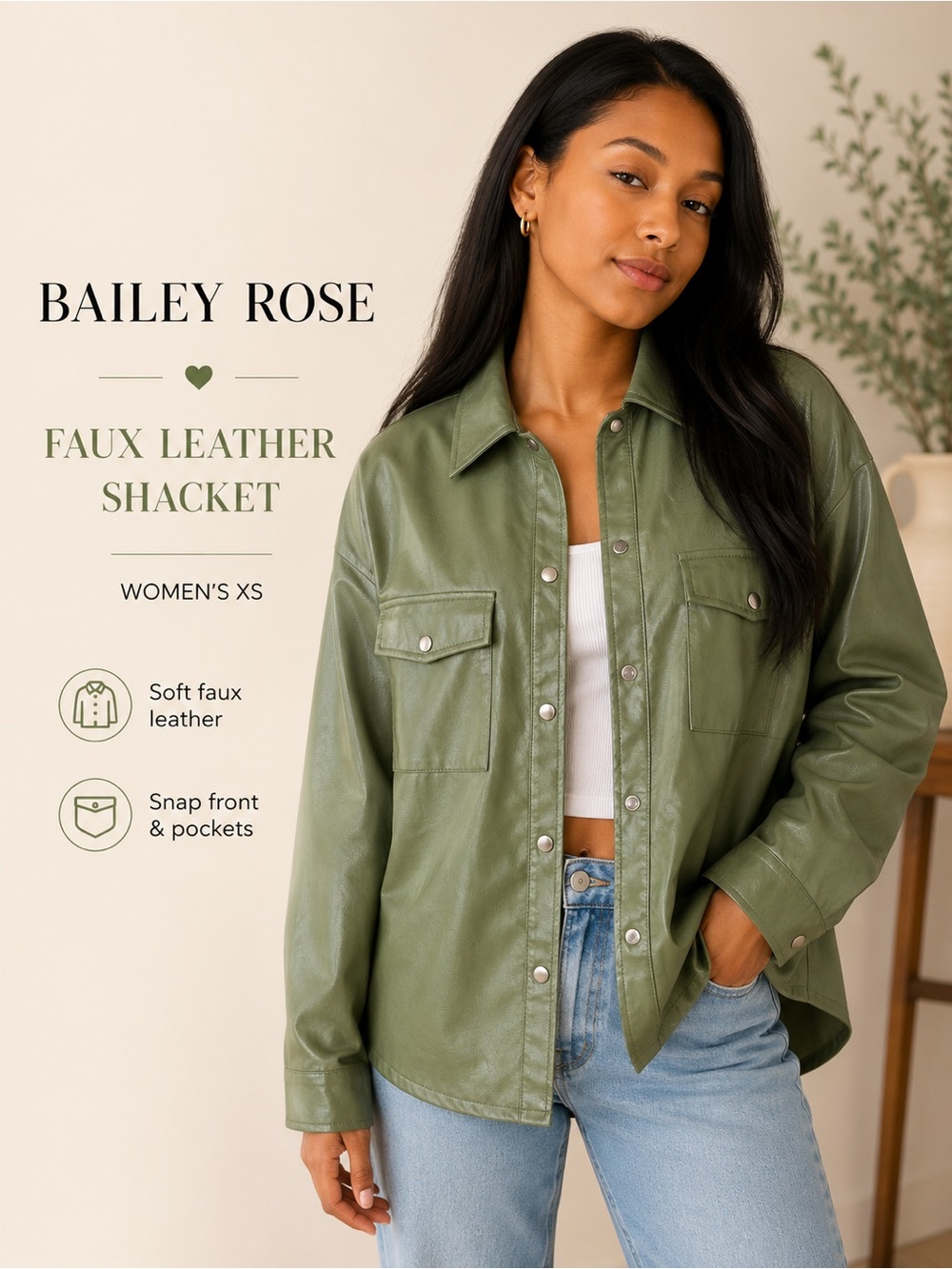 Bailey Rose Sage Green Faux Leather Shacket Jacket Women’s XS